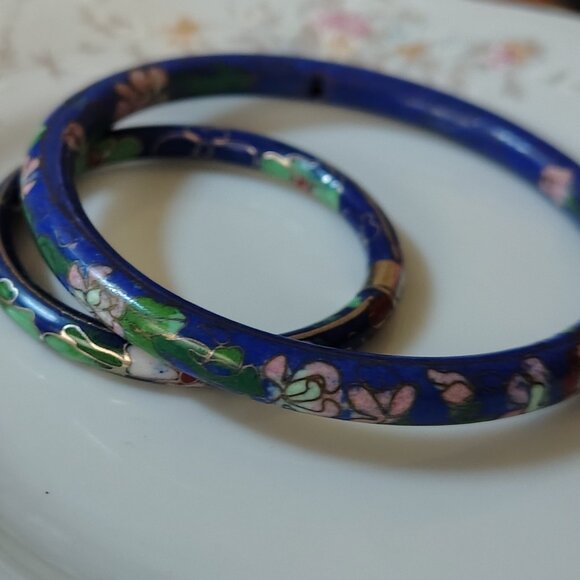 Vtg Set Chinese BLUE COBALT Mommy & Me Baby CLOISONNE Flower BANGLE BRACELET - Picture 6 of 8